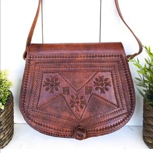 Vintage brown boho embossed leather crossbody bag